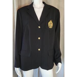 VTG LAUREN Ralph Lauren Blazer Women's 18 W Black Crest Crown Monogram Gold Wool